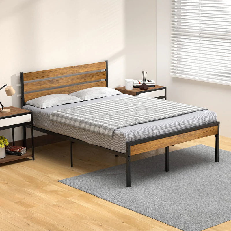 Queen Size Bed Frame with Wood Headboard